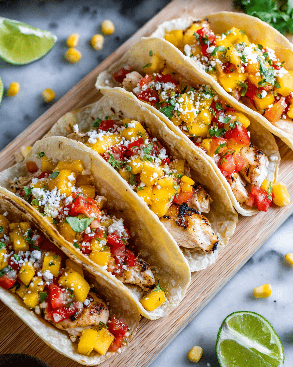 Four small soft tortillas are laid out in a row on a light wooden board, each filled with three main layers. The bottom layer is light-colored grilled chicken pieces with a slightly charred texture. On top of the chicken is a mixture of bright yellow and red diced mango and tomato chunks mixed with small corn kernels and green cilantro, adding fresh color. The top layer is a sprinkle of white crumbly cheese scattered over the fruit and vegetables. Around the board are lime wedges and loose corn kernels, all set against a white marbled surface. photo taken with an iphone --ar 4:5 --v 7
