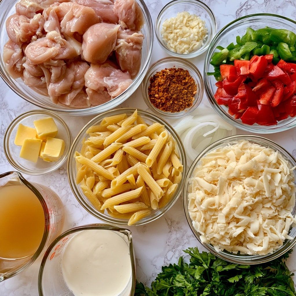 The image shows a top view of clear glass bowls and measuring cups arranged on a white marbled texture. In the largest bowl at the top left, there are pink pieces of boneless skinless chicken. To its right, smaller bowls hold minced white garlic, orange-red pepper flakes, brown Caribbean jerk seasoning, green sliced bell peppers, and red sliced bell peppers. Below the chicken bowl, there is a small bowl with yellow butter cubes and a medium bowl filled with uncooked penne pasta, yellowish-beige in color. Next to the pasta are white onion slices and a bowl filled with shredded Monterey Jack cheese that is off-white. To the bottom left, two glass measuring cups hold light brown chicken broth and creamy white heavy cream. Fresh green parsley sits at the bottom right corner. The photo taken with an iphone --ar 4:5 --v 7