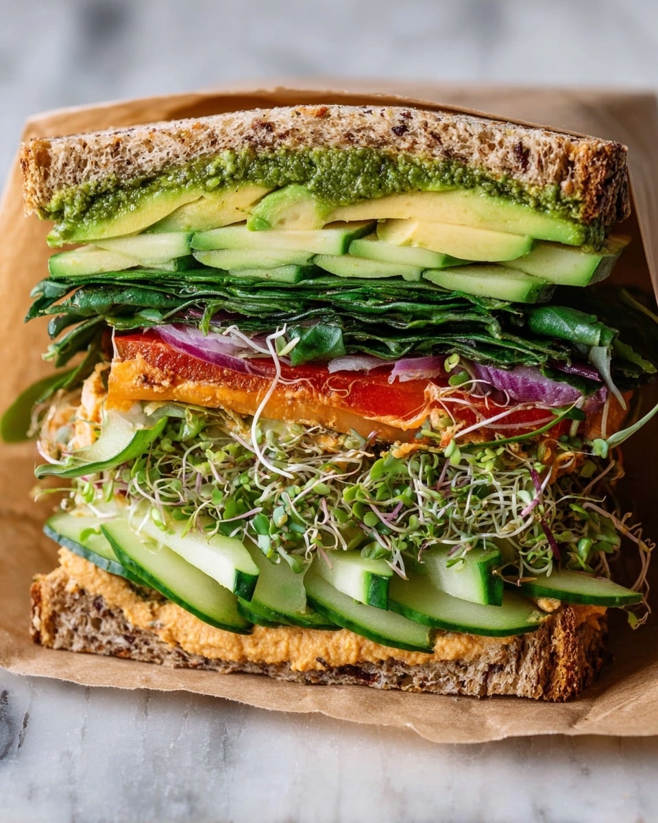 This image shows a sandwich with two thick, textured whole grain bread slices as the top and bottom layers. On the very top inside layer, there is a spread of green pesto sauce. Below that is a layer of sliced avocado with a smooth, creamy texture and light green color. Next is a layer of dark green fresh spinach leaves, layered closely together. Below the spinach are thin slices of light green apple, followed by a layer of mixed green sprouts with small leaves and thin stems. Underneath the sprouts, there are thin slices of cucumber, pale green with darker edges. Next is a layer of thinly sliced light purple onions. The bottom inside layer has a spread of light orange hummus, topped with a slice of roasted red pepper with a slightly wrinkled texture. The sandwich is wrapped in brown paper and placed on a white marbled surface. Photo taken with an iphone --ar 4:5 --v 7