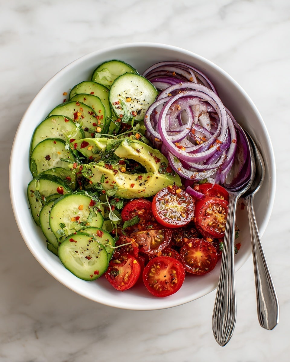 A white bowl sits on a white marbled surface filled with four layers of fresh vegetables arranged side by side. One section has bright red cherry tomatoes, some whole and some sliced in half, showing their juicy interior. Next to the tomatoes, there are thin slices of light green cucumber sprinkled with black pepper. Below the cucumbers, fresh green basil leaves are chopped finely. The last section contains light green chunks of avocado and thin slices of pale purple onion, also sprinkled with black pepper. Photo taken with an iphone --ar 4:5 --v 7