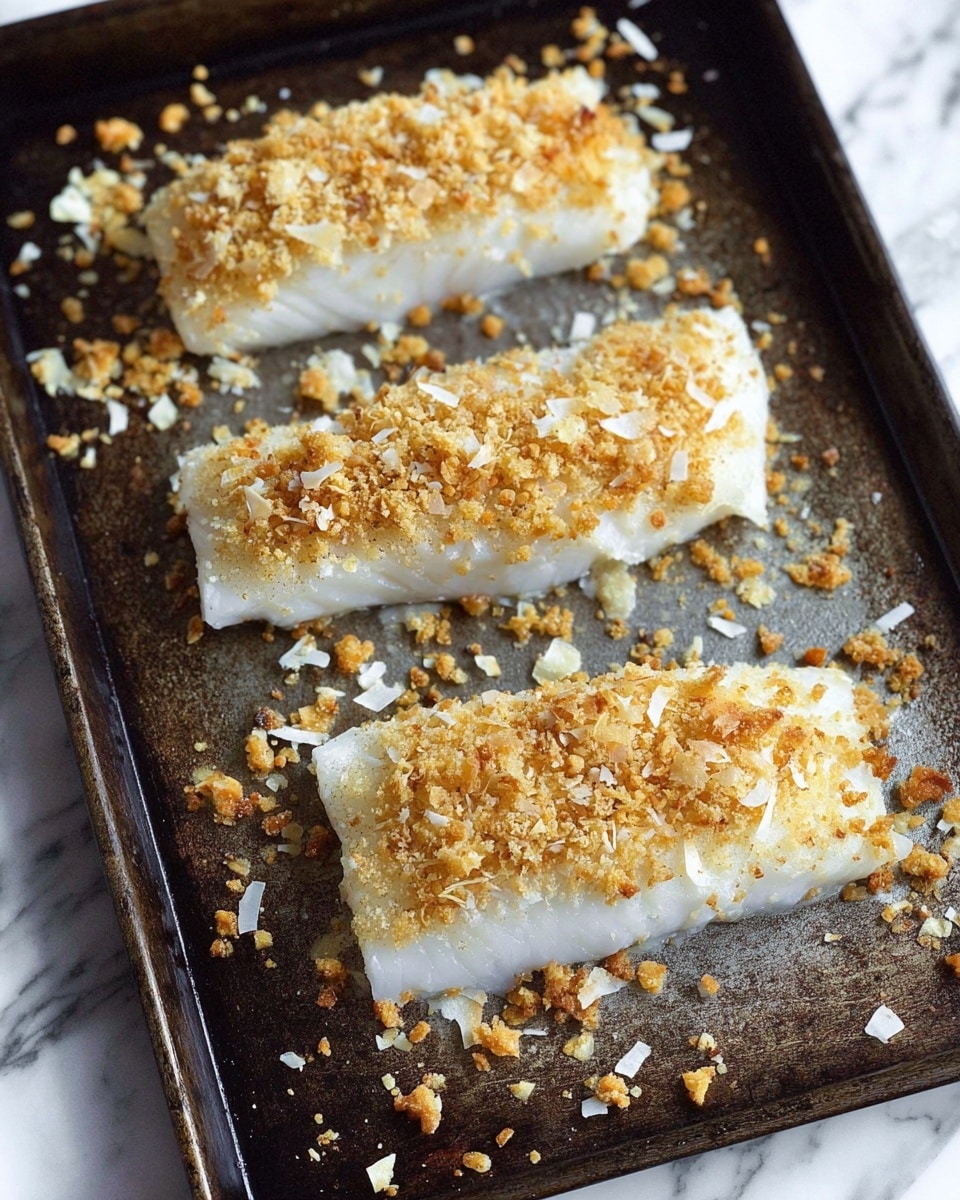 Three thick white fish fillets lie on a dark baking tray with a rough, worn texture. Each fillet is topped with a layer of golden brown toasted crumbs mixed with white shredded pieces, giving a crunchy appearance. Some crumbs have fallen around the fillets on the tray, adding a scattered look. The background is a white marbled surface. Photo taken with an iphone --ar 4:5 --v 7