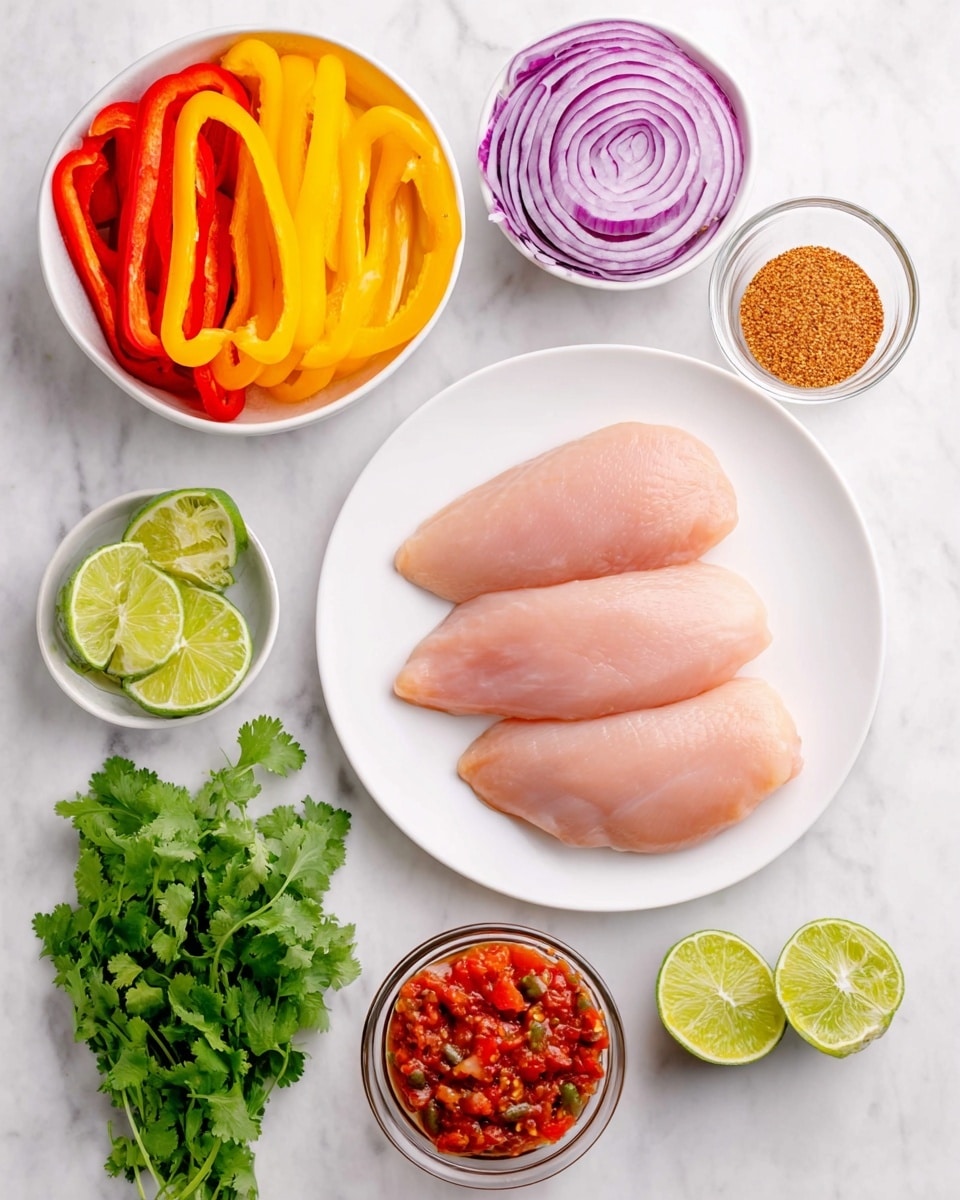 A white plate holds three raw chicken pieces arranged side by side, each smooth and pale pink. Around the plate on a white marbled surface, bowls are filled with sliced yellow, red, and green bell peppers, each slice glossy and fresh. A bowl with thin, curved purple onion slices sits nearby. A small glass bowl holds chunky red salsa with visible tomato bits. Another glass bowl contains a fine orange-brown spice mix. Two halves of a lime show their bright green interior beside a bunch of fresh green cilantro leaves. The colors are bright and fresh, laid out neatly with clean spacing. Photo taken with an iphone --ar 4:5 --v 7