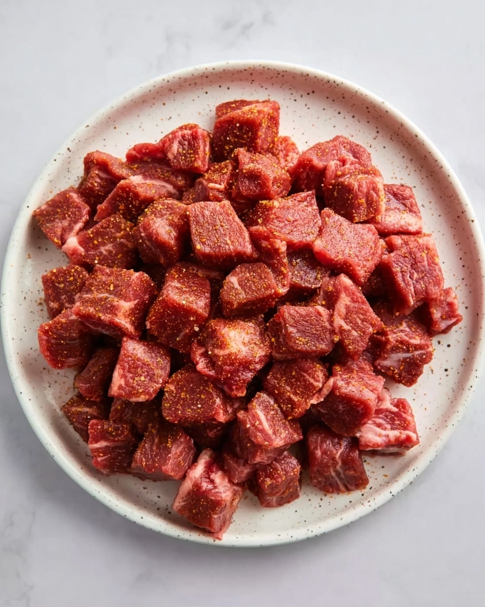 A white speckled plate is filled with many small, evenly sized raw meat cubes, each piece coated with a reddish seasoning, giving a slightly rough texture. The cubes are piled closely together, completely covering the plate, with some pieces showing hints of marbling and fat. The plate sits on a white marbled surface, enhancing the vivid red tones of the meat. photo taken with an iphone --ar 4:5 --v 7