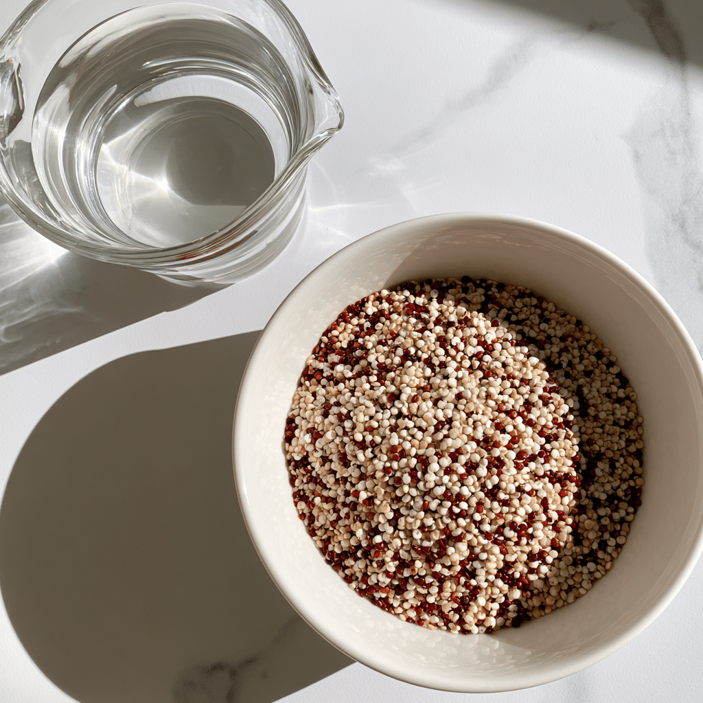 A clear glass measuring cup filled with water sits on the top left on a white marbled surface, showing smooth, transparent liquid inside. Below and to the right, a white bowl holds dry quinoa, with layers of small round grains in white, red, and beige colors, filling the bowl almost to the top. Both items are well lit, with minimal shadows and clear texture detail on the quinoa grains. The background is a clean white marble with subtle gray veins. photo taken with an iphone --ar 4:5 --v 7