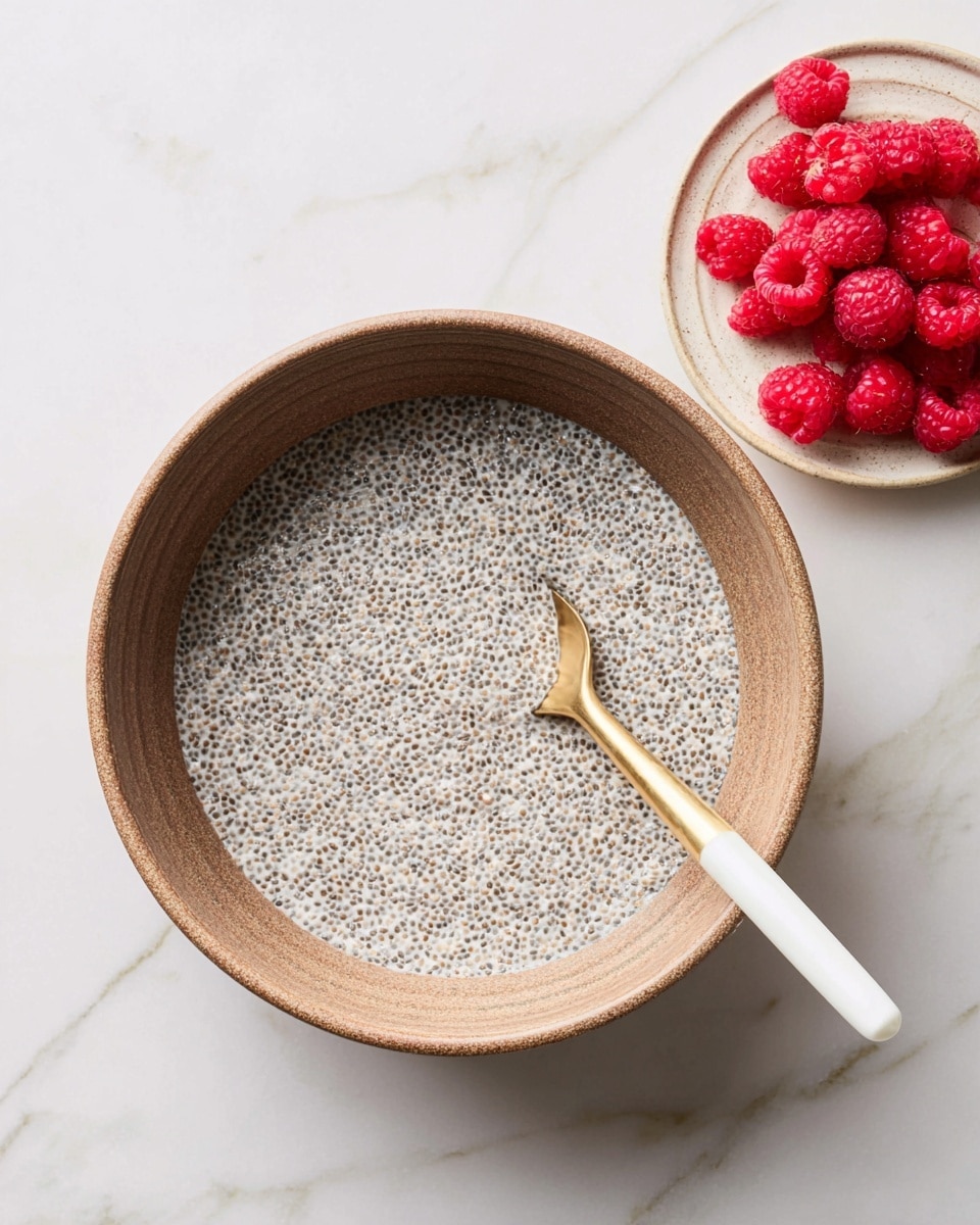 A top view of a large brown bowl filled with creamy, speckled chia seed pudding that has a smooth, slightly thick texture. Inside the bowl, a white spatula with a gold handle rests, partially submerged in the pudding, positioned near the center. To the top right of the bowl, there is a small white plate holding bright red raspberries, which are fresh and plump. The entire scene sits on a white marbled surface, adding a clean and soft look to the composition. photo taken with an iphone --ar 4:5 --v 7
