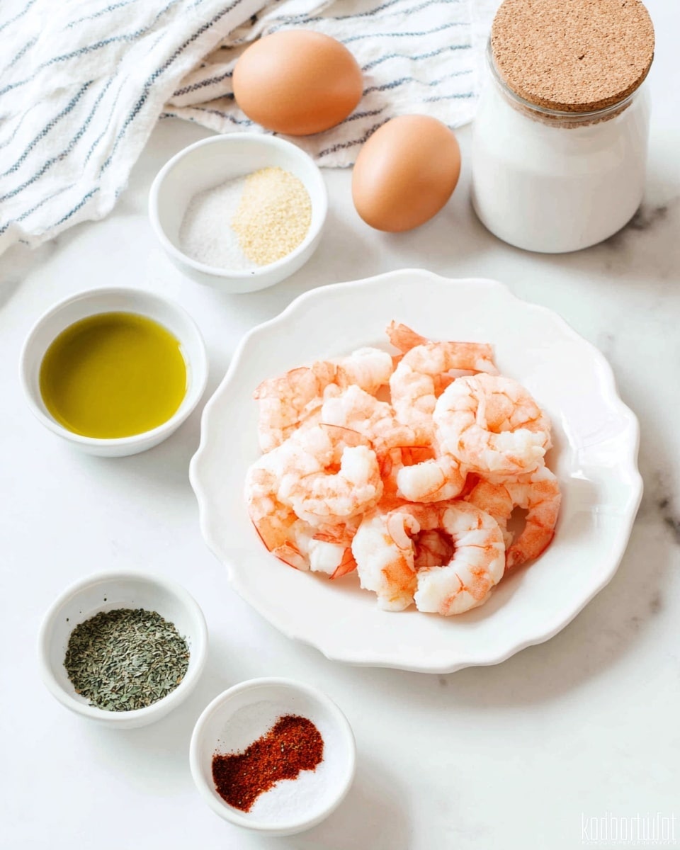 A white plate with scalloped edges holds a layer of pinkish-orange cooked shrimp, arranged loosely without overlapping. Around the plate, there are small white bowls; one bowl has bright green olive oil, another bowl contains multiple powdered spices and dried herbs in separate sections—white, green, black, and reddish colors. There are three brown eggs on the white marbled surface, and in the background, there is a white jar with a cork lid, resting on a white cloth with thin dark stripes. The scene is bright and clean with soft natural light. photo taken with an iphone --ar 4:5 --v 7
