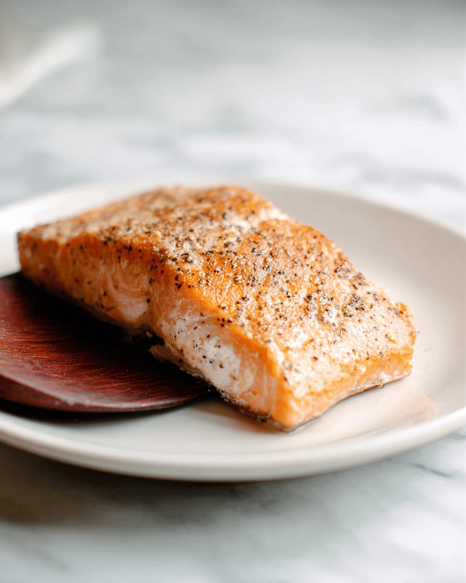 A single piece of cooked salmon fillet with a golden-brown crust and visible pepper seasoning is placed on a white plate. The salmon has a moist, light orange-pink inside with slight white patches near the edges. It rests on a dark wooden spatula that is partially visible. The background is a white marbled surface with soft lighting, creating a clean and simple look. Photo taken with an iphone --ar 4:5 --v 7