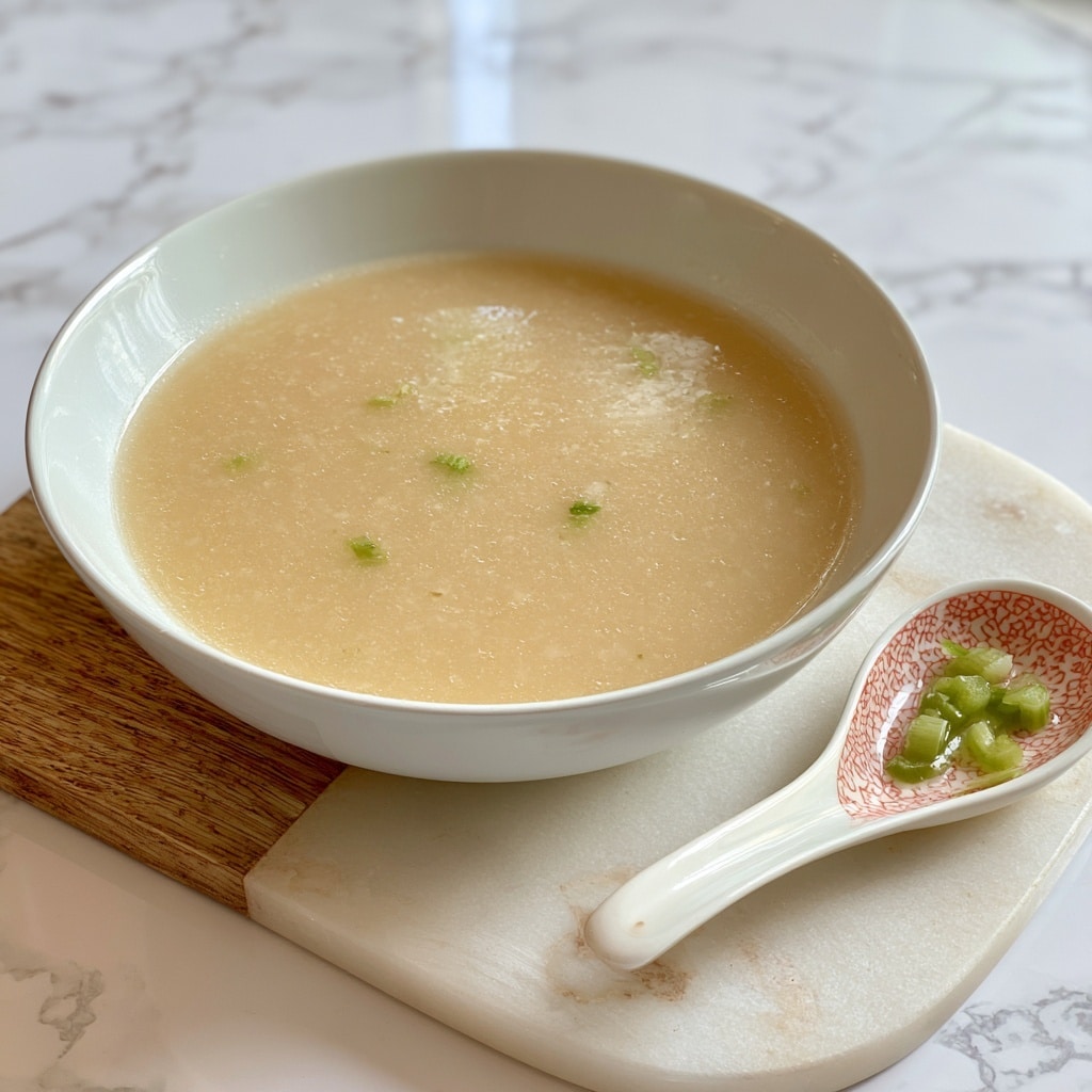 A light beige soup with small green pieces floating on the surface fills a round, white bowl, sitting on a white marbled board that has a wooden section. Next to the bowl, on the board, is a white ceramic spoon with a red patterned inner design, holding small green vegetable pieces. The setup is placed on a white marbled surface. Photo taken with an iphone --ar 4:5 --v 7