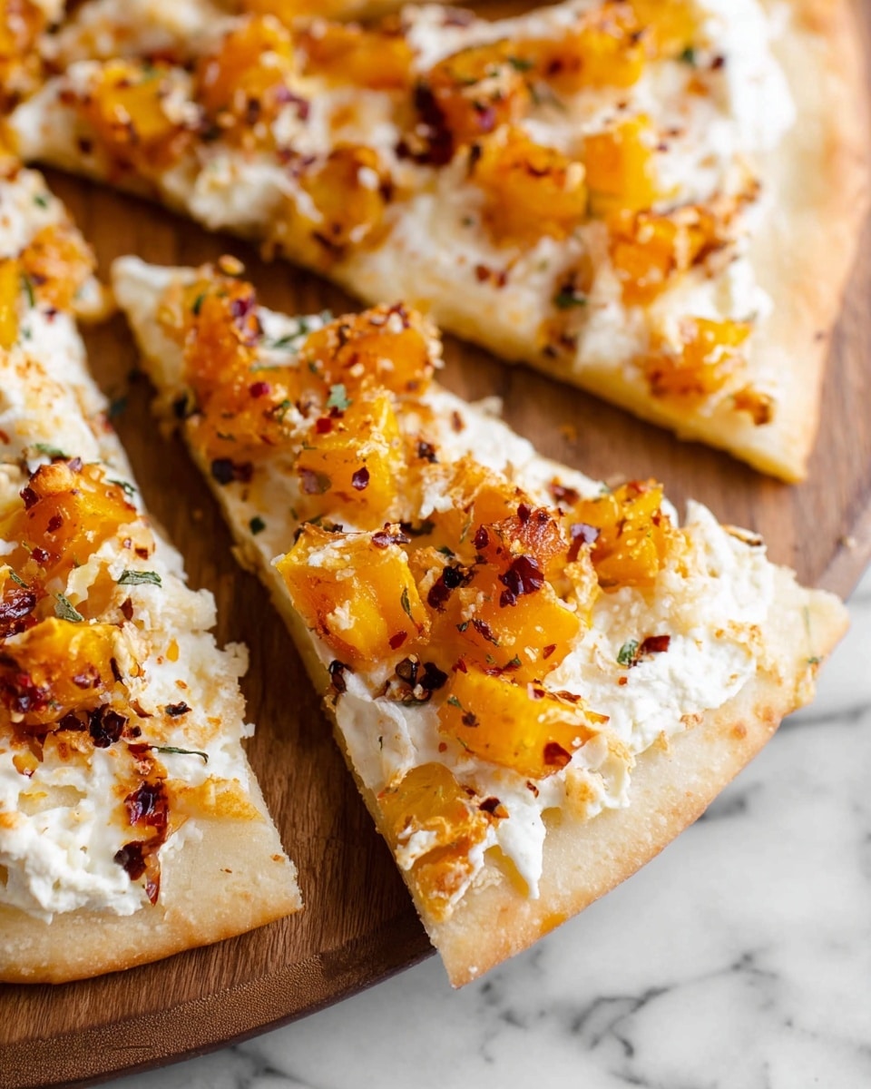 The image shows a round pizza on a wooden board placed on a white marbled surface. The pizza has a golden-brown crust with light charring on the edges. It has two main layers: the base is covered with melted white cheese which looks creamy and slightly browned in spots, and the top layer is scattered with small orange-yellow chunks of roasted squash or similar vegetable, some pieces showing slight browning for texture. The overall look is warm and inviting with a rustic homemade style. Photo taken with an iphone --ar 4:5 --v 7