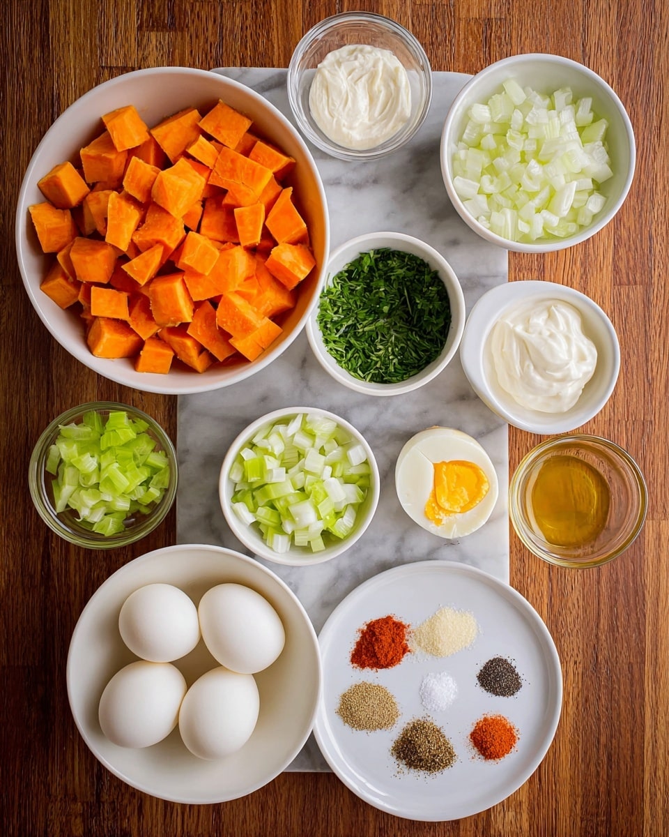 A top-down view of several white bowls filled with ingredients arranged on a white marbled surface. The largest bowl contains bright orange cubed sweet potatoes. Nearby, smaller bowls hold finely chopped white onions, fresh green chopped herbs, creamy white mayonnaise, thick white sour cream, green celery slices, three peeled hard boiled eggs, yellow whole grain mustard, a golden liquid that looks like honey or oil, and a small bowl of coarse salt. A white plate displays different spices arranged in small piles, with colors including red, black, light brown, and white. The colors contrast against the clean white bowls and white marbled surface, highlighting the fresh ingredients clearly. photo taken with an iphone --ar 4:5 --v 7