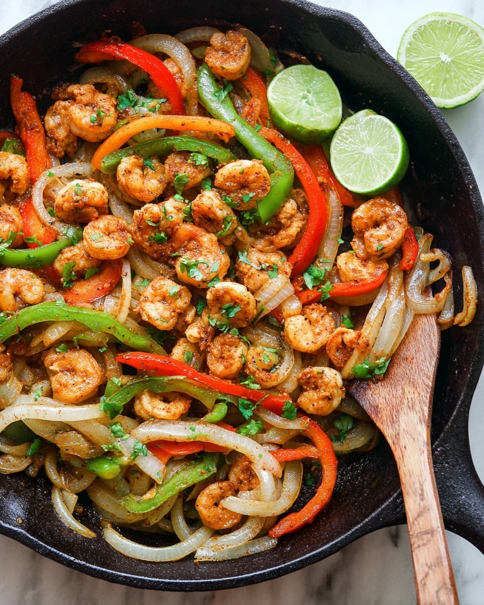 A black cast iron pan full of cooked shrimp and sliced vegetables is shown on a white marbled surface. The dish has three main layers: the bottom layer is curved slices of cooked onions with a light translucent white color and slightly browned edges, next layers are bright red and green bell pepper strips with smooth textures, and on top are small shrimp with a light brown cooked color, slightly curled. Some fresh chopped green herbs are sprinkled over the dish. On the side, two lime wedges show light green inside with white rinds. A wooden spatula rests inside the pan. Photo taken with an iphone --ar 4:5 --v 7