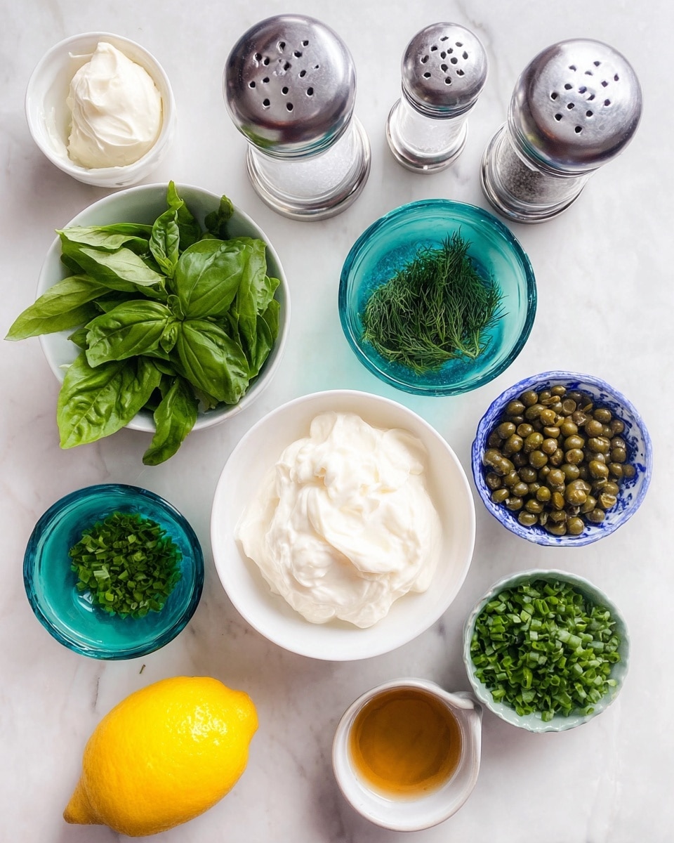 The image shows a top-down view of various fresh ingredients arranged on a white marbled surface. There are seven bowls and two containers: a white bowl filled with thick white cream in the center, a white bowl with fresh green parsley at the bottom left, and a white bowl with fresh green basil leaves below the cream. A small blue-green glass bowl holds some green dill just above the cream, while a small green bowl contains round green capers to the right of the dill. Next to the capers is a smaller blue bowl with chopped green chives. A white bowl with a dollop of mayonnaise or a similar creamy sauce is at the top left corner. Two clear plastic grinders, one filled with white salt and the other with black peppercorns, are placed crossed near the top of the image. A whole yellow lemon rests on the white marbled surface near the bowls at the bottom left. Finally, there is a small glass bowl with honey or a light brown liquid at the bottom right. Photo taken with an iphone --ar 4:5 --v 7