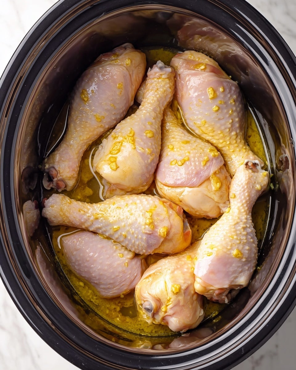 Inside a glossy black slow cooker, there are over ten raw chicken drumsticks placed closely together. The drumsticks have pale pink skin with some areas showing light yellowish fat. They are covered with a thick yellow marinade that has visible bits of minced garlic and a shiny, wet texture. The marinade pools slightly at the base, creating a slick surface beneath the chicken. The slow cooker is set on a white marbled surface. photo taken with an iphone --ar 4:5 --v 7