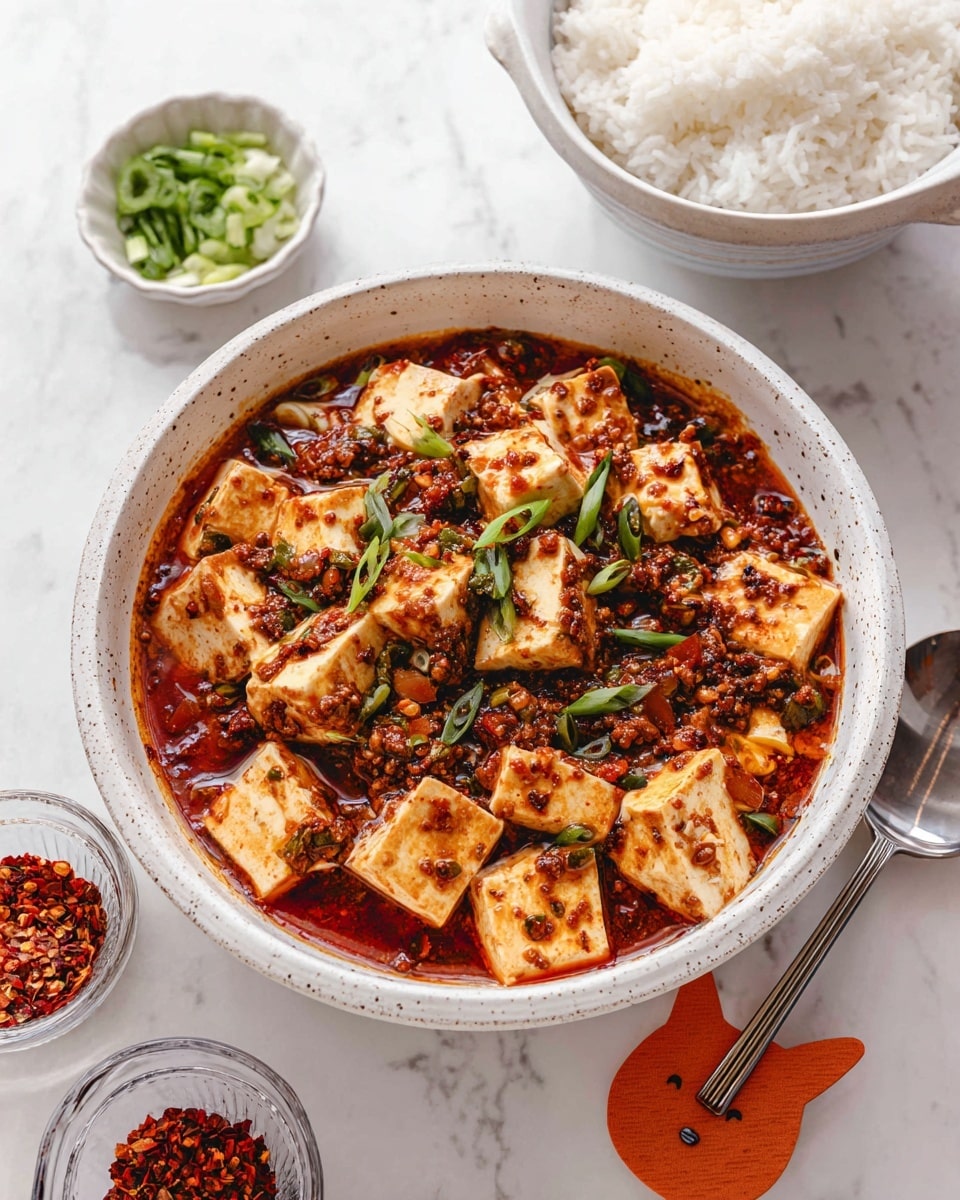 A bowl of spicy tofu dish with medium white tofu cubes coated in a dark red, oily chili sauce, garnished with thinly sliced green onions laid on top, resting in a speckled white bowl with a gold spoon placed inside; to the left, there is a white bowl with white cooked rice showing individual grains, and to the upper right, a small white bowl holds extra sliced green onions, all arranged on a white marbled surface photo taken with an iphone --ar 4:5 --v 7