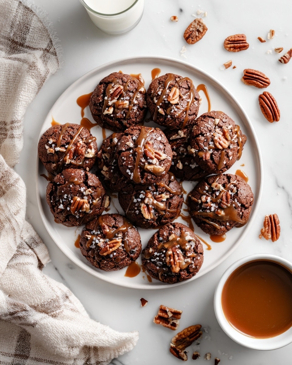 A white round plate filled with about ten dark brown cookies topped with chopped pecans and lightly coated with caramel sauce drizzled unevenly on each cookie, some caramel pooling gently on the edges. The plate sits on a white marbled surface with scattered pecan pieces around it. To the right of the plate, there is a small white bowl filled with caramel sauce. A soft checkered cloth lies to the left, and a glass of milk is partly visible in the background. photo taken with an iphone --ar 4:5 --v 7