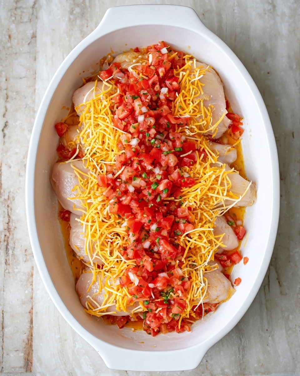 The image shows a white oval baking dish filled with several pieces of raw chicken placed flat on the bottom. On top of the chicken, there is a layer of chopped red tomatoes mixed with small bits of green peppers, covering most of the chicken. The top layer is shredded orange cheddar cheese spread evenly over the tomatoes. The dish is placed on a white marbled textured surface. Photo taken with an iphone --ar 4:5 --v 7