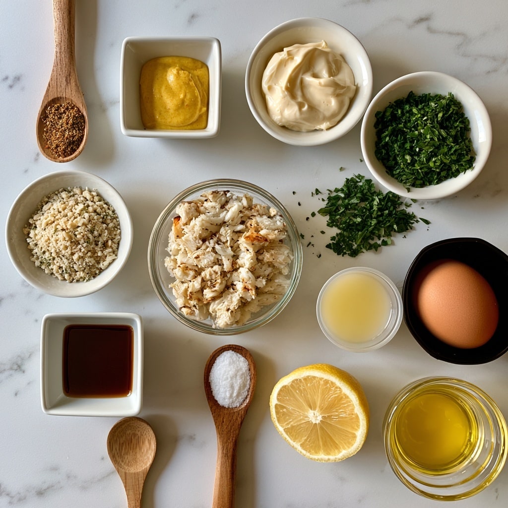The image shows a top view of several small white bowls and wooden spoons arranged on a white marbled surface, each containing different ingredients. Starting from the top left, a wooden spoon holds reddish-brown Old Bay seasoning, next to it is a square white bowl with yellow mustard. Below, a round white bowl is filled with light brown Italian breadcrumbs, and next to it is a square white bowl with dark brown Worcestershire sauce. Below these, a wooden spoon holds white salt. In the center is a round glass bowl filled with light beige crab meat chunks. Above and to the right of it, a round white bowl holds creamy white mayonnaise, and to its right, another round white bowl contains bright green chopped parsley. Below the parsley is a small transparent cup with a creamy white lemon sauce, and to the right, a black bowl holds a whole brown egg. Below the lemon sauce is half a bright yellow lemon, and below the Worcestershire is a small round glass bowl of melted butter. All items are neatly placed, creating a clean and organized layout. Photo taken with an iphone --ar 4:5 --v 7