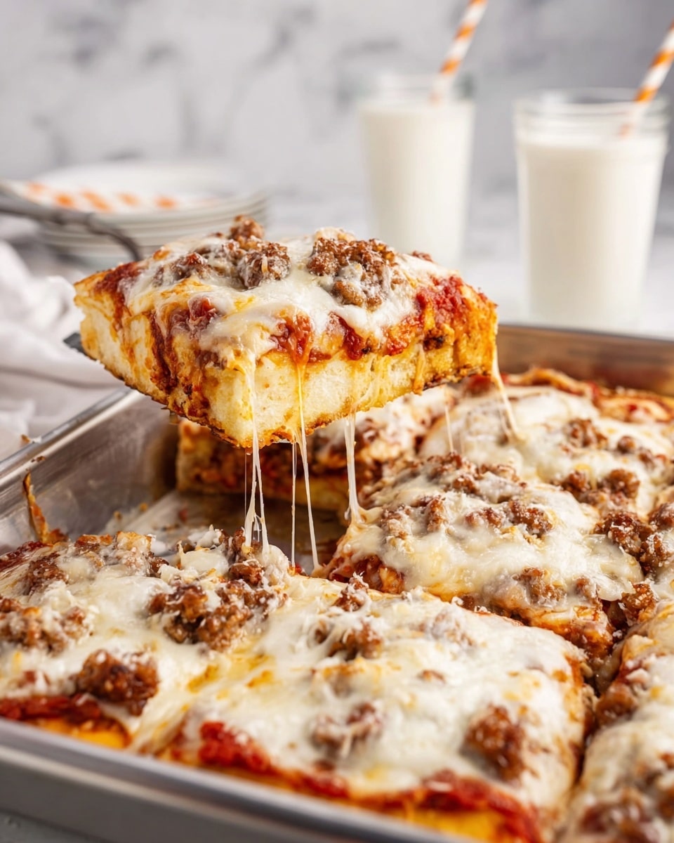 A slice of thick pizza is being lifted from a large metal baking pan. The pizza has three visible layers: a golden brown dough base, a layer of red tomato sauce in the middle, and a top layer covered in melted white cheese with cooked brown ground meat pieces scattered on it. Some cheese stretches in strings from the pan to the slice. The pan sits on a white marbled surface, and two clear glasses with white creamy drinks and striped straws are visible blurred in the background. Photo taken with an iphone --ar 4:5 --v 7