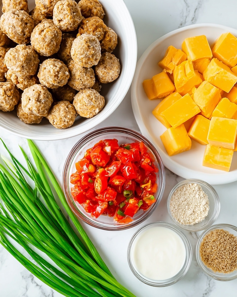 The image shows several white bowls and plates on a white marbled surface. One large white bowl is full of light brown, round sausage balls with a rough texture. Next to it, on the right, is a white plate filled with large yellow chunks of cheese. Below the cheese plate, there is a clear glass bowl with bright red diced tomatoes mixed with small green pieces. A small clear glass bowl with beige crumbs is near the center, next to a small white ramekin filled with white creamy sauce. Several long, bright green stalks of fresh chives lie underneath and between the bowls and plates. Photo taken with an iphone --ar 4:5 --v 7
