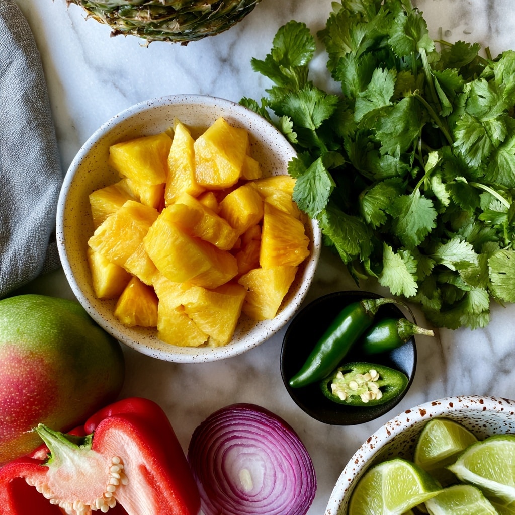 A white speckled bowl in the center holds bright yellow pineapple chunks with a juicy texture. Around the bowl, a whole green and reddish-yellow mango sits at the bottom left next to a halved red bell pepper showing its white inner ribs and seeds. Above the mango, there is a whole pineapple partially appearing on the white marbled surface. To the right of the bowl, fresh green cilantro leaves with visible veins spread out. Below the cilantro, a small black bowl contains two green serrano chilis, one whole and one sliced open showing pale seeds inside. At the bottom center, a halved red onion with concentric purple and white rings rests on the surface. On the bottom right, lime wedges with bright green rinds and juicy interiors fill a white bowl with brown speckles. A gray cloth napkin peeks from the left edge. photo taken with an iphone --ar 4:5 --v 7