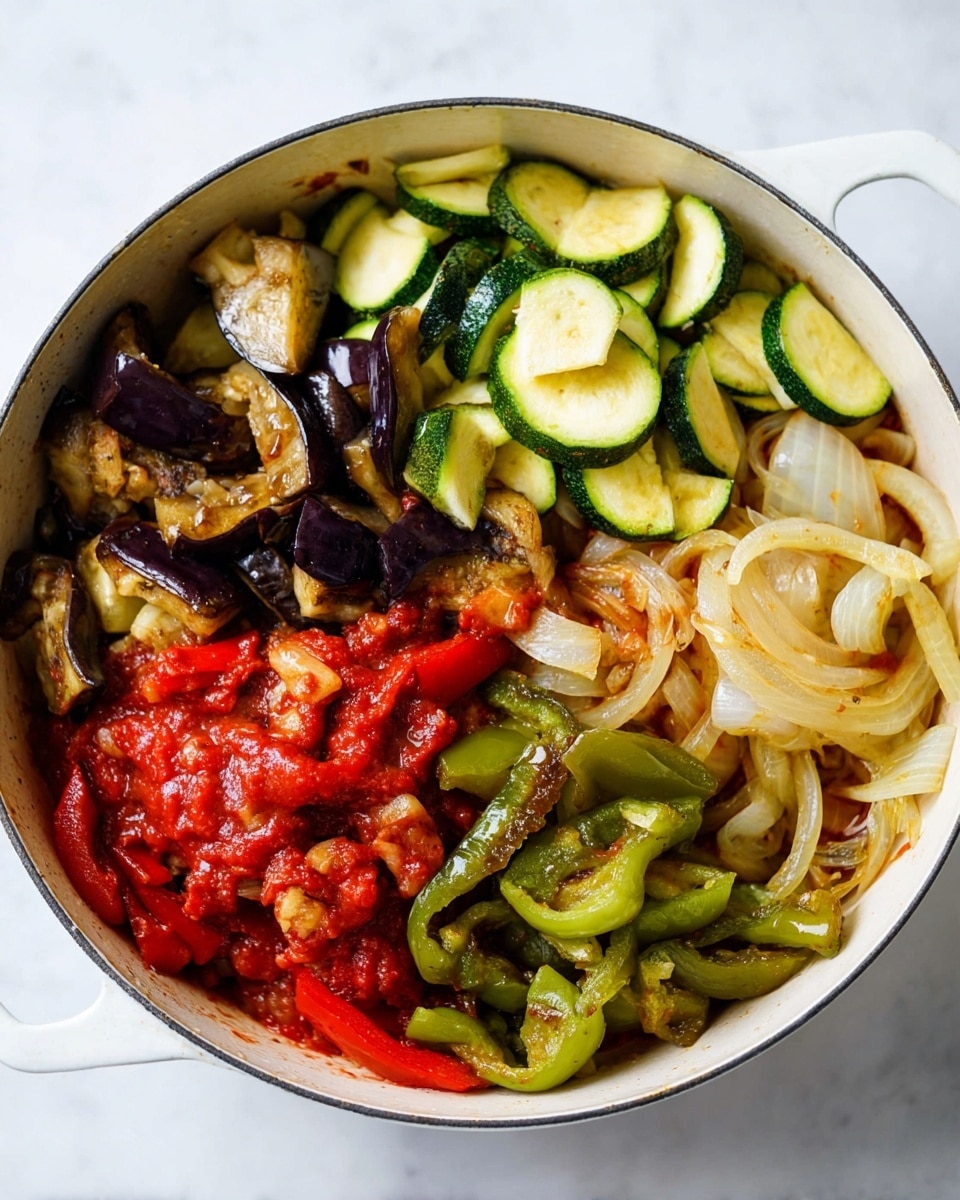A white pot filled with layers of cooked vegetables including light green sliced zucchini with a soft texture, dark purple and shiny eggplant pieces, and bright green grilled bell peppers. On the right side, there are translucent, soft cooked onion slices with a pale yellow tint. Below all the vegetables, a layer of chunky red tomato sauce can be seen. The background is a white marbled texture. photo taken with an iphone --ar 4:5 --v 7