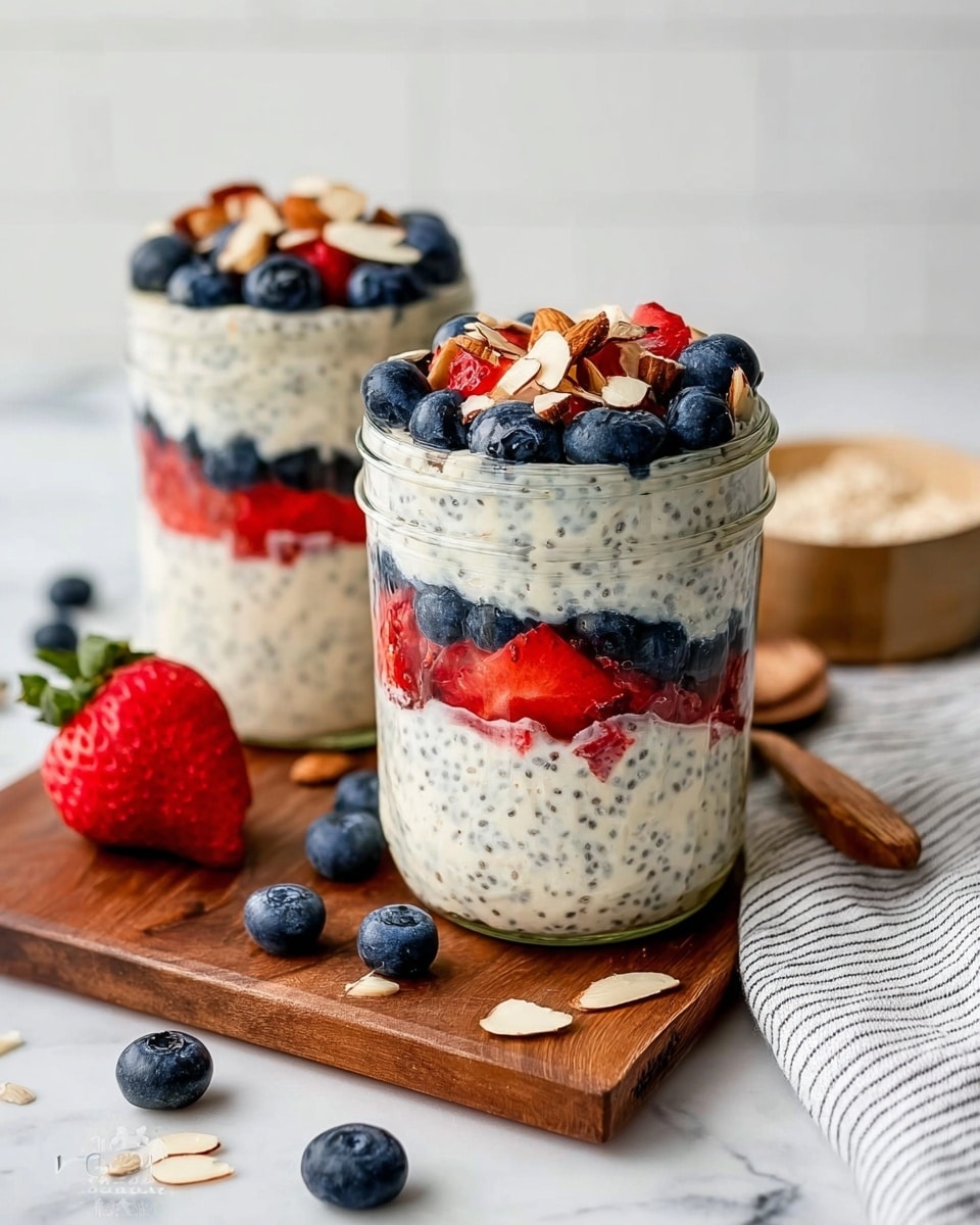 The image shows two clear glass jars filled with layered parfaits on a white marbled surface. Each jar has three main layers: at the bottom is a creamy mixture with small dark spots, in the middle there’s a thick layer of mixed berries including blackberries and strawberries, and on top is more creamy mixture. The top layer of the parfaits is covered with fresh berries such as blueberries, raspberries, and strawberries, along with thinly sliced almonds scattered on top. A white spoon is placed inside the jar in the front. Around the jars, there are loose blueberries and a strawberry, and a soft gray and white striped cloth is seen in the background. photo taken with an iphone --ar 4:5 --v 7