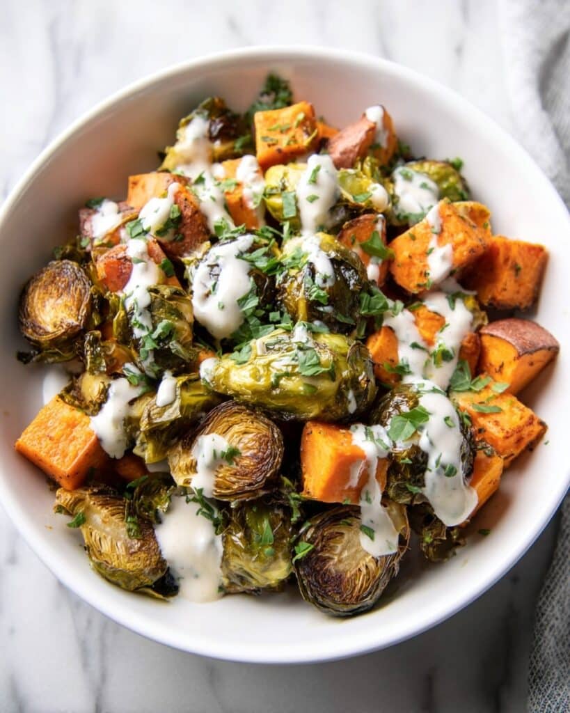 Roasted Brussels Sprouts and Sweet Potatoes with Tahini Sauce Recipe