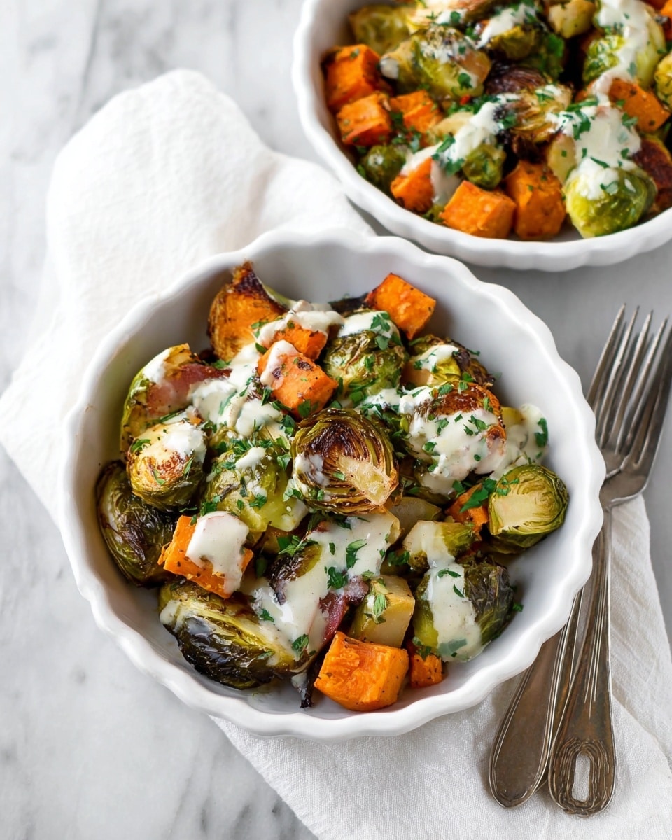 Two white scalloped bowls sit on a white marbled surface, each filled with a mix of roasted Brussels sprouts and sweet potato cubes. The Brussels sprouts are golden-brown on the outside with a charred texture, and the sweet potato pieces are bright orange with a soft texture. Both bowls have a light drizzle of creamy white sauce and are sprinkled with fresh green chopped herbs, adding a fresh pop of color. Part of a white cloth napkin and silver forks are near the bowls. Photo taken with an iphone --ar 4:5 --v 7