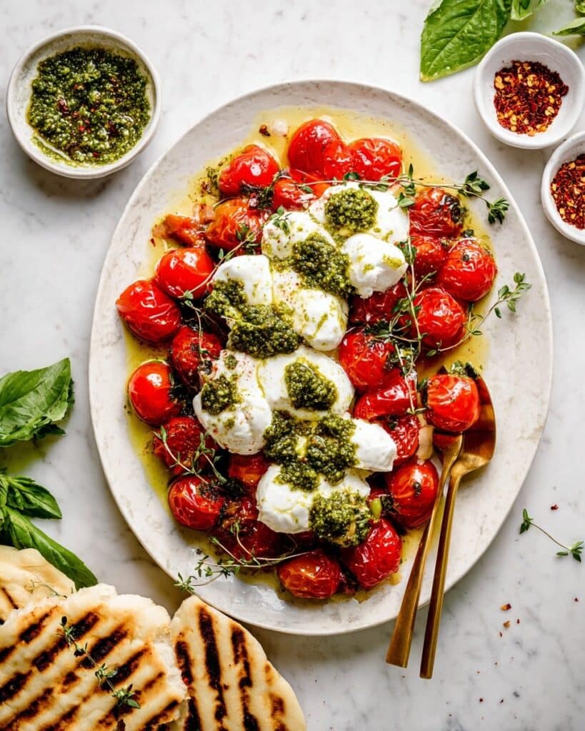 Roasted Cherry Tomatoes with Burrata and Basil Pesto Recipe