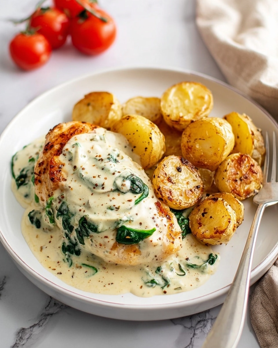 The dish is served on a white plate resting on a white marbled surface. On the left side, there is a piece of golden-brown cooked chicken covered with a creamy white sauce that has visible green spinach leaves mixed in. The sauce looks smooth and thick, gently dripping over the chicken. On the right side, there is a pile of small, round, golden-brown roasted potatoes with visible seasoning specks and a slightly crispy texture. A silver fork rests on the edge of the plate, pointing towards the top right. In the background, a few red tomatoes and a beige cloth are visible. Photo taken with an iphone --ar 4:5 --v 7