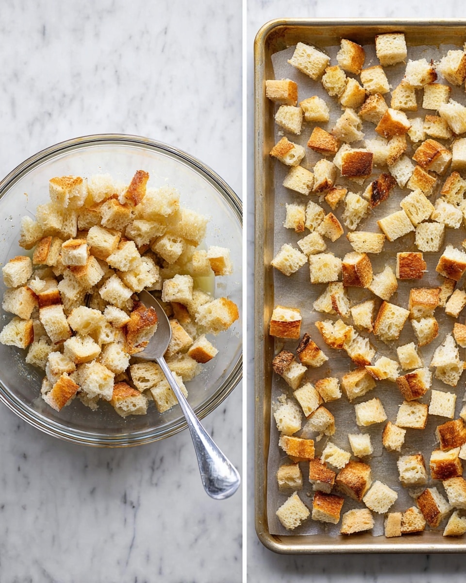 The image shows two scenes side by side on a white marbled surface. On the left, there is a clear glass bowl filled with small, light golden cubes of bread mixed with oil or butter, and a silver spoon resting inside the bowl. On the right, a metal baking sheet is spread evenly with similar small cubes of bread, some with golden-brown edges and crusts, ready for baking or toasting. Both surfaces and containers are clean and simple, emphasizing the pieces of bread in soft light. photo taken with an iphone --ar 4:5 --v 7