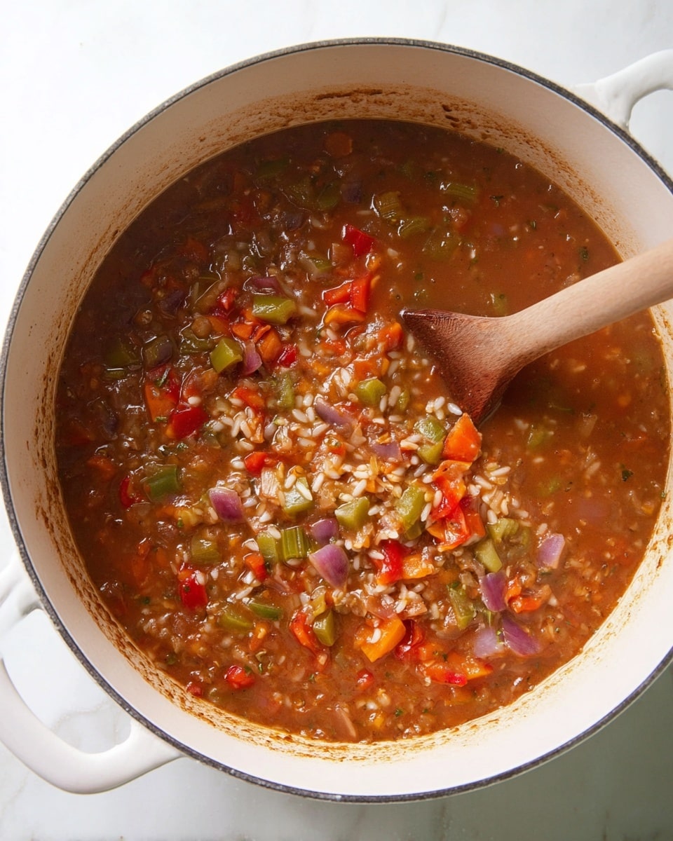A white pot filled with a thick stew is shown from above. The stew has a rich reddish-brown base with visible chunks of bright green celery, pale purple onions, red and orange bell peppers, and grains of white rice. A wooden spoon is partly submerged in the stew on the right side of the pot. The inside edges of the pot have some brown cooking stains. The pot sits on a white marbled surface. photo taken with an iphone --ar 4:5 --v 7