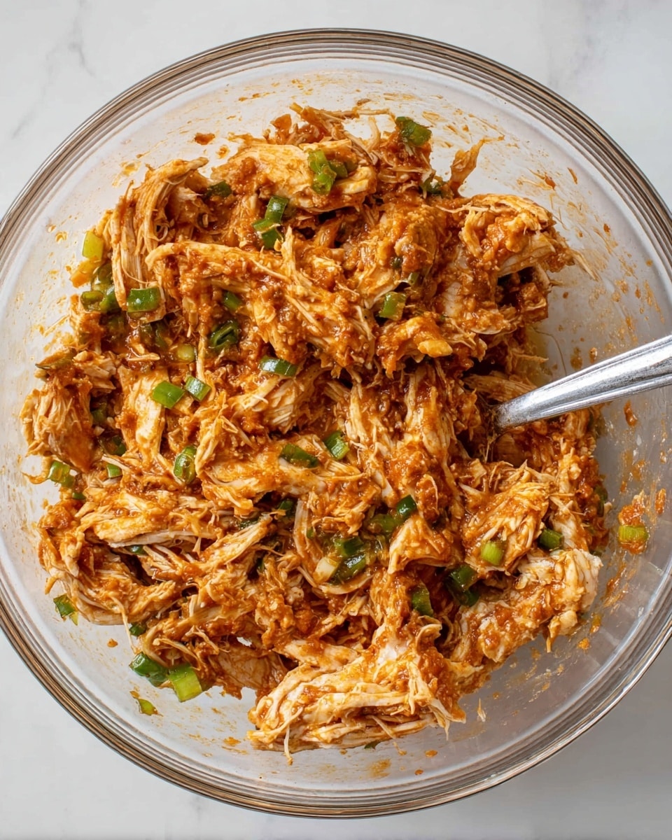 A clear glass bowl filled with shredded white chicken mixed with a reddish-brown sauce, small bits of green onions scattered throughout, and a slightly chunky texture from other seasonings or spices. The chicken pieces are coated unevenly, showing both white and orange-red colors, with the green of the onions adding contrast. A silver spoon is partially submerged in the mixture on the right side of the bowl. The bowl rests on a white marbled surface. photo taken with an iphone --ar 4:5 --v 7