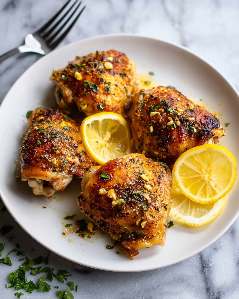 The image shows four golden-brown cooked chicken thighs placed on a white plate, with a few slices of bright yellow lemon tucked around and under the chicken. The chicken skin has a crispy texture with small bits of garlic and green herbs sprinkled on top, giving it a seasoned, textured look. The plate is set on a white marbled surface, and small green herb pieces are scattered lightly on the surface near the bottom left corner. A silver fork is partially visible beside the plate. photo taken with an iphone --ar 4:5 --v 7