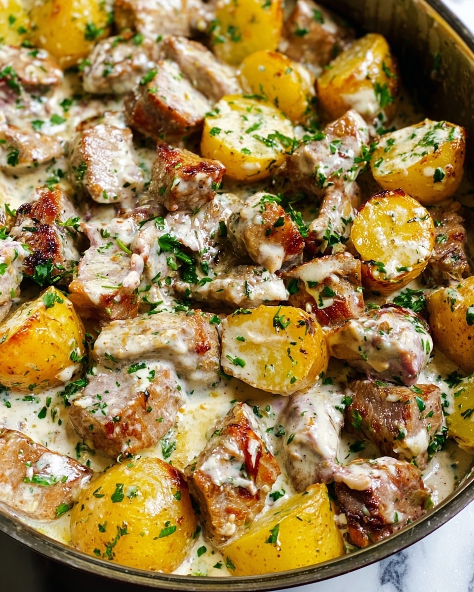 This close-up image shows a baked dish in a pan with chunks of meat and small yellow potatoes. The meat pieces are light brown with a creamy white sauce coating them, sprinkled with green chopped herbs. The yellow potatoes are roasted, some cut in half showing a soft texture inside, also covered in the creamy sauce and sprinkled with herbs. The creamy sauce has a slightly uneven texture that clings to the meat and potatoes. The pan sits on a white marbled surface. photo taken with an iphone --ar 4:5 --v 7