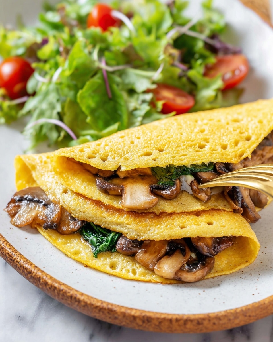 A white oval plate on a white marbled surface holds two folded yellow omelettes stacked, with visible texture and small holes on the surface. The omelettes have layers of sautéed mushrooms and green spinach leaves peeking out from inside, with the mushrooms slightly browned and shiny. In the back of the plate, there is a fresh salad made of bright green lettuce, dark green arugula, and halved red cherry tomatoes, adding fresh colors. A gold fork under the top omelette gently lifts it, showing the filling inside photo taken with an iphone --ar 4:5 --v 7