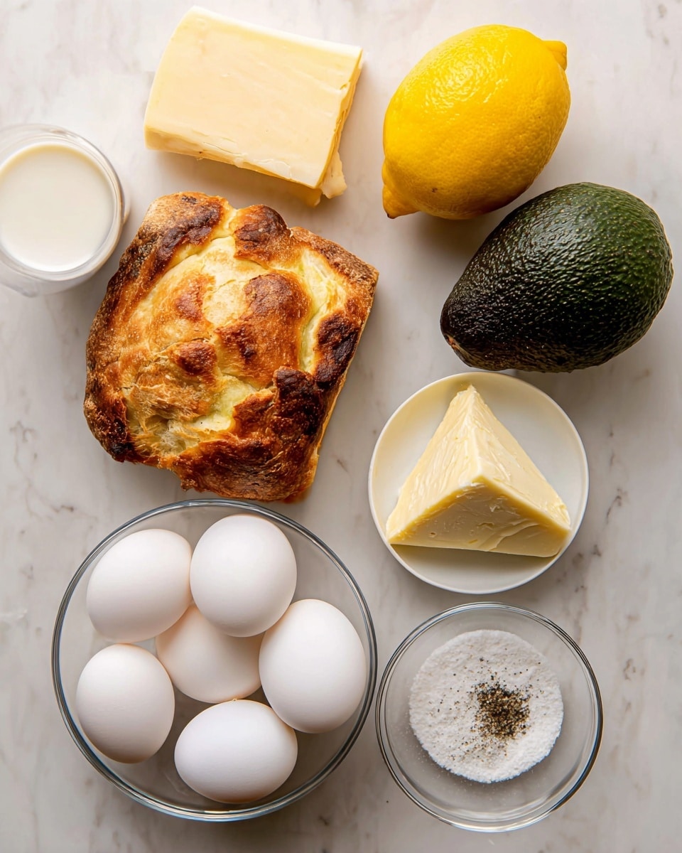 The image shows seven main ingredients arranged on a white marbled surface. In the center-left is a piece of golden-brown crusty bread with a rough and flaky texture. Above the bread, from left to right, there is a block of pale yellow cheese, a bright yellow lemon with a bumpy rind, and a dark green, rough-textured avocado. To the right of the bread is a small white bowl containing a wedge of pale yellow cheese placed on a bed of white salt and black pepper. Below the bread, there is a clear glass bowl filled with white eggs, showing smooth and clean shells. Next to the eggs on the lower left, there is a small glass container of white milk. The photo is taken with an iphone --ar 4:5 --v 7
