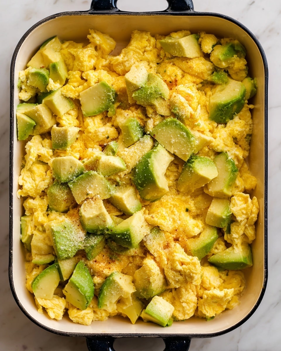 The dish is shown in a white square pan with black handles, filled with scrambled eggs that are bright yellow and fluffy, taking up most of the space. Scattered on top are medium-sized chunks of green avocado that add a fresh, creamy texture and bright contrast. There are also small sprinkles of finely grated cheese covering parts of the eggs and avocado, adding a slight grainy texture. The pan is placed on a white marbled surface, which brightens the overall look of the dish. photo taken with an iphone --ar 4:5 --v 7