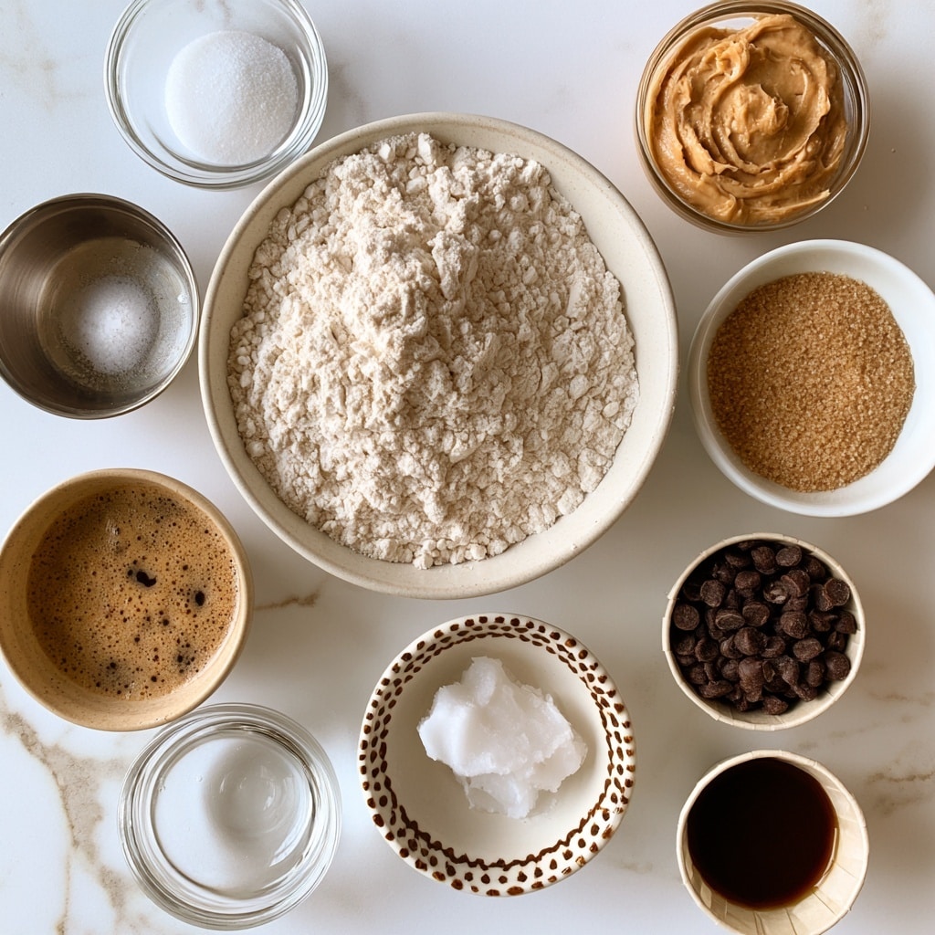 The image shows several small bowls arranged on a white marbled surface, each containing a different baking ingredient. The largest bowl in the center holds a mound of white all-purpose flour, on the left a small metal bowl has white sea salt, and a glass bowl above it contains white baking soda. To the right, a small glass bowl holds smooth, tan peanut butter. Below the peanut butter, a white bowl is filled with light brown sugar granules. A small cup at the bottom right shows dark chocolate chips. Near the center bottom, a decorative white bowl with brown dots on the rim holds solid white coconut oil. To the lower left, a small transparent glass bowl shows clear water, and next to it, a beige bowl is filled with light brown flax eggs, a liquid mixture with frothy bubbles. Lastly, a tiny white cup contains dark brown vanilla extract. The bowls and ingredients are all neatly arranged with labels on top, with a clean and bright look. photo taken with an iphone --ar 4:5 --v 7