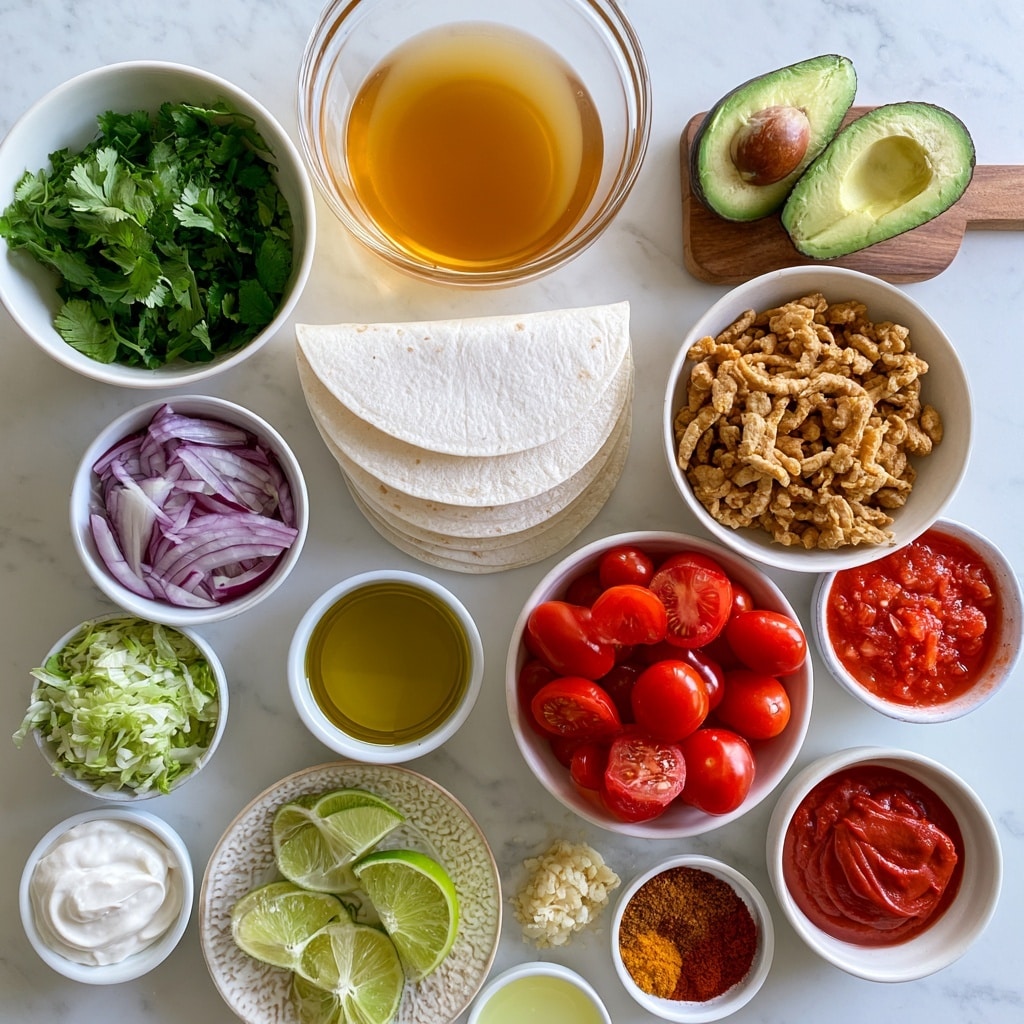 A flat lay image shows various taco ingredients placed on a white marbled surface. From top left, there is a white bowl full of fresh green cilantro, next to it two halves of bright green avocado on a small wooden board. To the right, a clear bowl holds golden yellow hot vegetable broth. Below the cilantro, three white corn or flour tortillas are stacked. Near the tortillas on the left, a small white bowl holds thin slices of purple red onion. A larger white bowl below has light brown soy curls with a rough texture. To the right of the soy curls, a white bowl is filled with shiny red cherry tomatoes, some cut in half. Below are small bowls with shredded leafy green lettuce or cabbage, a small pool of golden olive oil, and bright red salsa. Small white dishes hold ingredients like creamy vegan sour cream, pale yellow lime wedges on a decorative plate, and pale yellow lime juice. Spices with warm brown, orange, and red tones are visible in a white bowl near the bottom right. Several small white dishes hold minced garlic cloves and smooth red tomato paste. The whole setup is neat, colorful, and well arranged, photo taken with an iphone --ar 4:5 --v 7