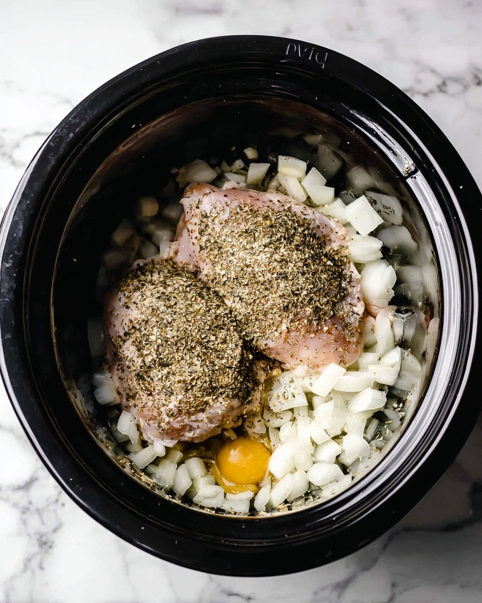 Inside a black slow cooker pot, there are two raw chicken pieces placed in the center, each topped with a sprinkling of dried herbs giving a textured greenish-brown look. Around the chicken, there is a thick layer of chopped white onions, almost covering the chicken edges, adding a fresh, crisp texture. At the bottom center near the chicken, there is a small dollop of yellow mustard sauce. The pot is set on a white marbled surface, showing a clean and bright background. Photo taken with an iphone --ar 4:5 --v 7
