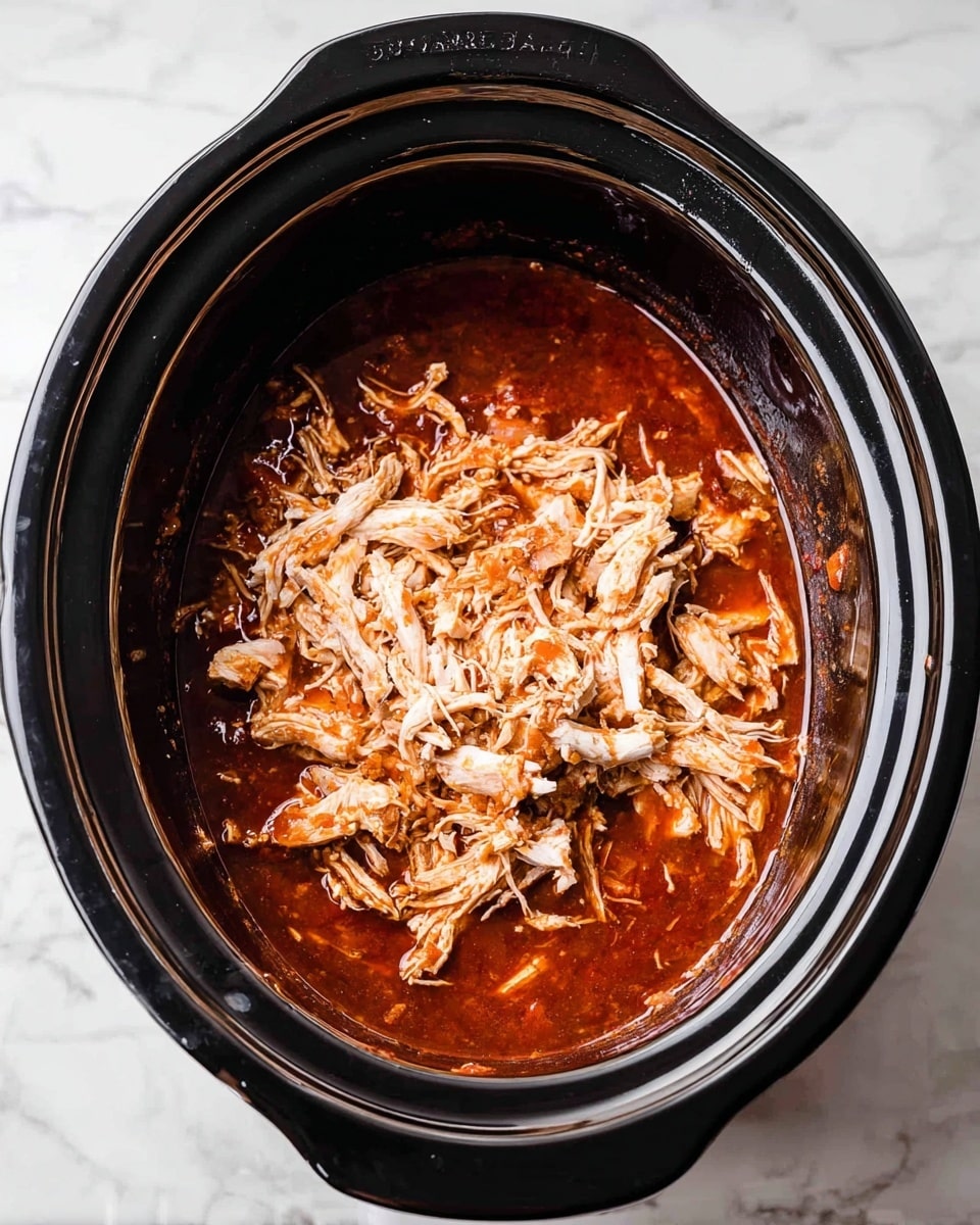 Inside a black slow cooker, there are two layers visible: the bottom layer is a thick, dark reddish-brown sauce with a smooth texture, and on top is a pile of light brown shredded chicken mixed slightly with the sauce, showing some juicy, fibrous strands. The slow cooker sits on a white marbled surface. photo taken with an iphone --ar 4:5 --v 7