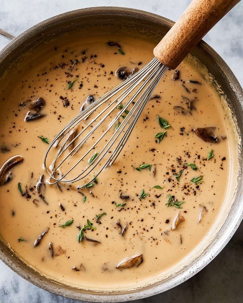 A close-up view of a creamy mushroom sauce in a metal pot. The sauce is light tan with smooth texture, dotted with small dark brown mushroom pieces and tiny green herb leaves. Black pepper flakes are sprinkled on top, adding specks of dark color across the surface. A whisk with a wooden handle and metal wires sits partly in the sauce, with some sauce coating the wires. The pot edge is visible, resting on a white marbled surface. photo taken with an iphone --ar 4:5 --v 7