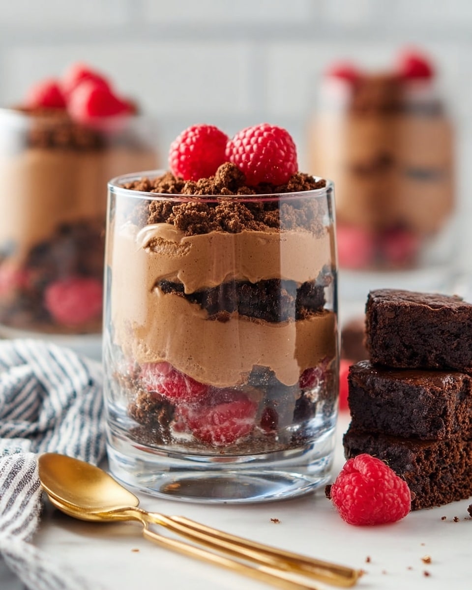 A clear glass holds a layered dessert with four visible layers: at the bottom is a smooth, light brown chocolate mousse mixed with scattered bright red raspberries; above it is a layer of dark, crumbly brownie pieces; the third layer is a thick, smooth medium brown chocolate mousse; and it’s topped with more brownie crumbs and two fresh, plump red raspberries. To the right, a stack of three dark, dense brownies is placed on a white marbled surface along with a few loose raspberries. In the foreground, two golden spoons rest near a white and black striped cloth. The background shows more glasses with the same dessert slightly blurred. Photo taken with an iphone --ar 4:5 --v 7
