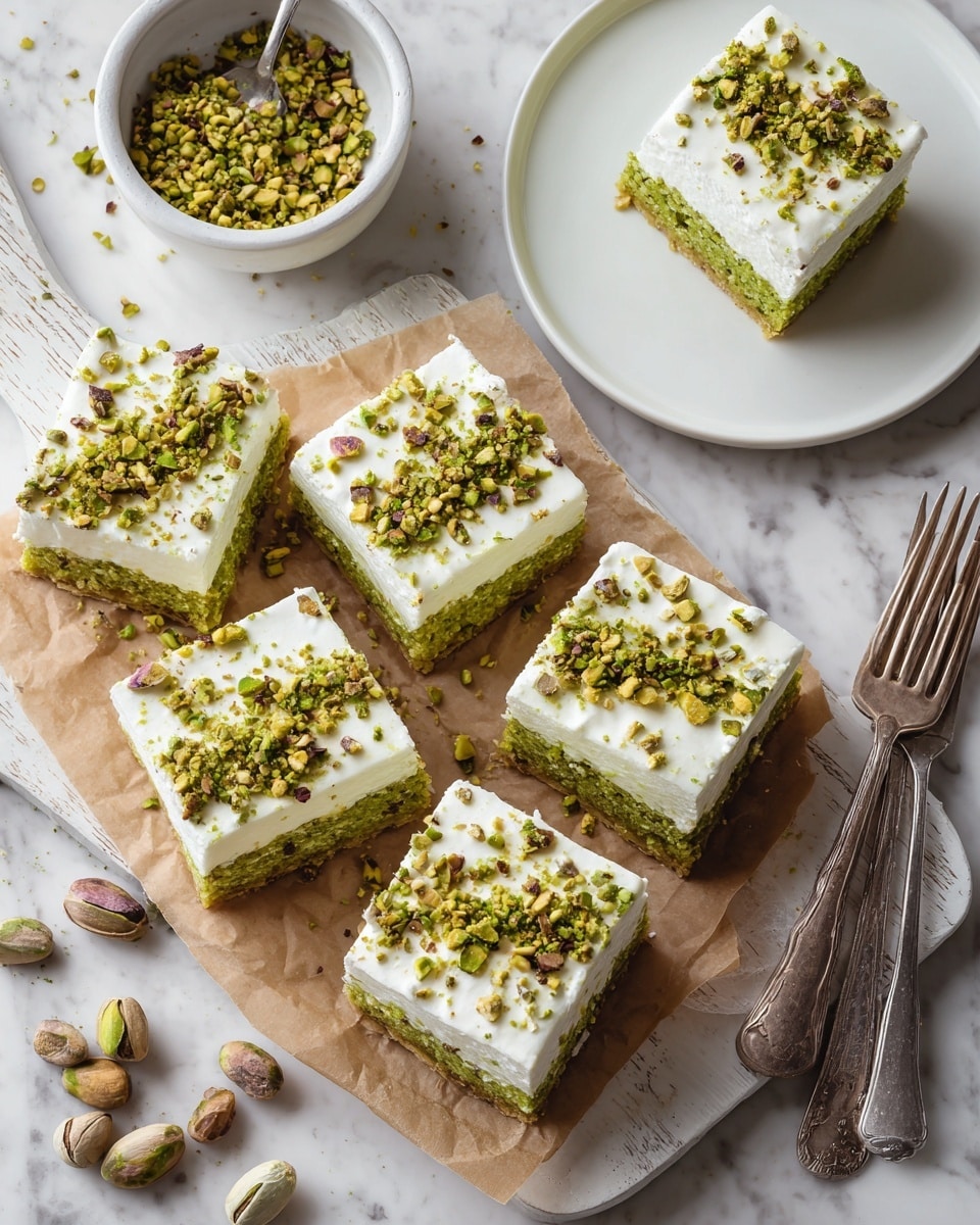 There are six square pieces of a green dessert with a smooth white cream layer on top, each sprinkled with chopped pistachios. The green base layer looks dense and moist. The squares are placed on a piece of brown parchment paper on a white marble board. To the left of the squares is a small white bowl filled with more chopped pistachios, and a few whole pistachios are scattered around. On the right side, there are two silver forks placed on the white marbled surface, next to a white plate with another piece of the same dessert. The background is a white marbled texture. photo taken with an iphone --ar 4:5 --v 7