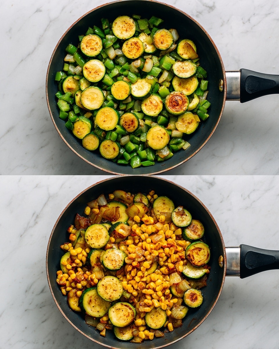 Two images of a frying pan with cooked vegetables are shown on a white marbled surface. The pan has a black handle and an uncolored inside. The first image shows two layers: the bottom layer is a mix of small, chopped green bell peppers and pale, small garlic pieces; the top layer is round zucchini slices cooked to a golden brown with a light green outer edge and a soft yellow center. The second image adds a third layer next to the zucchini: a pile of cooked yellow corn kernels with some brown char marks, while the zucchini and green bell peppers remain visible underneath. Photo taken with an iphone --ar 4:5 --v 7