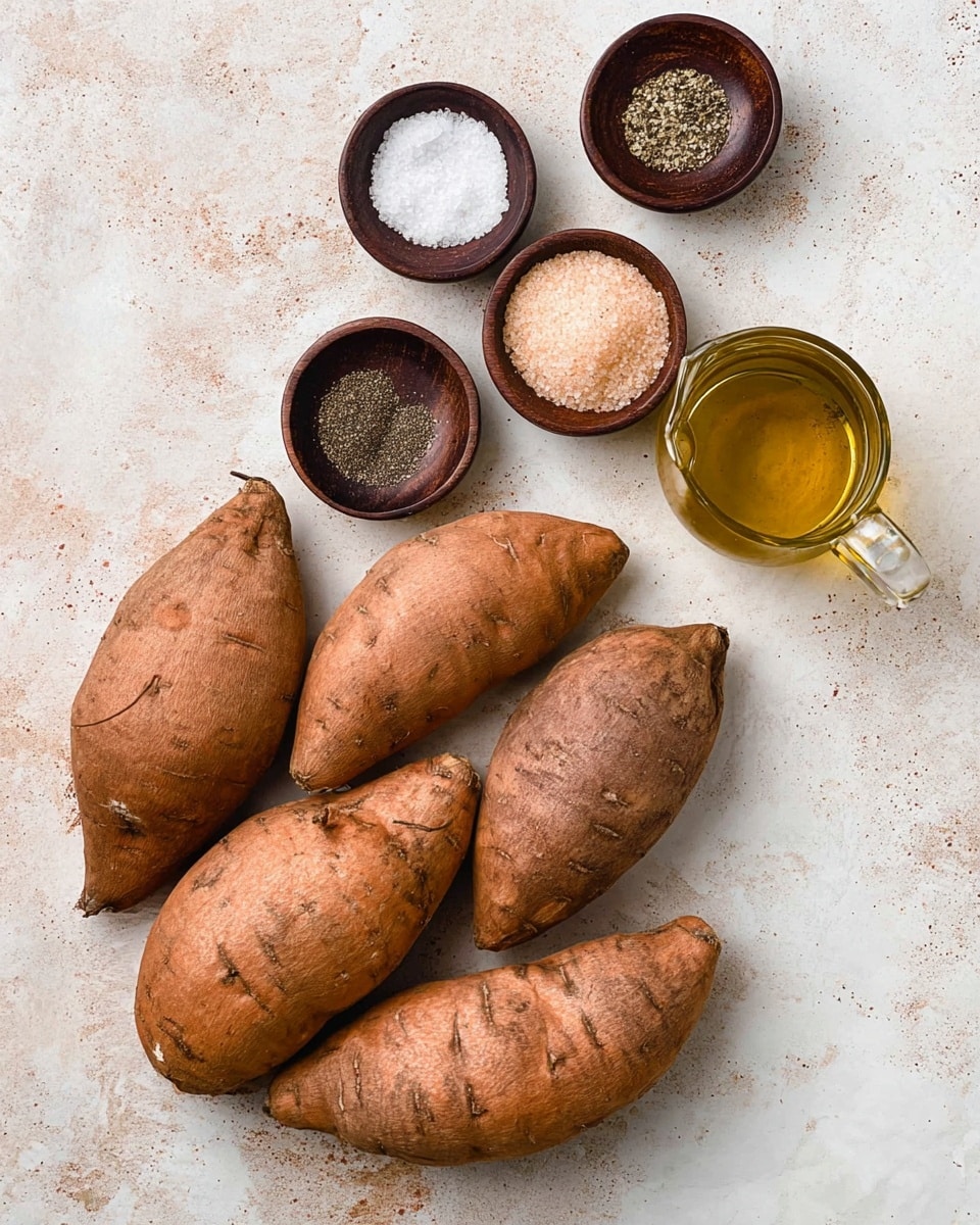 The image shows four large sweet potatoes with a rough brown skin placed on a white marbled surface in the lower part of the frame. Above them are five small bowls arranged in a loose shape, four made of dark wood containing different seasonings: one with white salt crystals, one with light brown powder, one with coarse black pepper, and one with finely ground black pepper. In the center, there is a small clear glass pitcher filled with golden oil. The overall setting is simple and natural, with the rough textures of the sweet potatoes contrasting the smooth bowls and glass container. photo taken with an iphone --ar 4:5 --v 7
