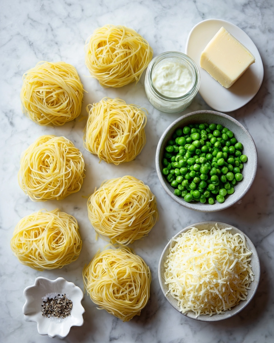 The image shows six nests of uncooked yellow pasta on the left side, placed on a white marbled surface. To the right of the pasta, there is a light grey bowl filled with bright green frozen peas. Below the bowl of peas, there is a small white flower-shaped dish holding salt and black pepper. Next to it, there is a small glass jar filled with white cream. To the upper right of the jar is a white plate with a square piece of butter. At the bottom right corner, there is a white bowl filled with shredded cheese. All items are neatly arranged on the white marbled surface. photo taken with an iphone --ar 4:5 --v 7