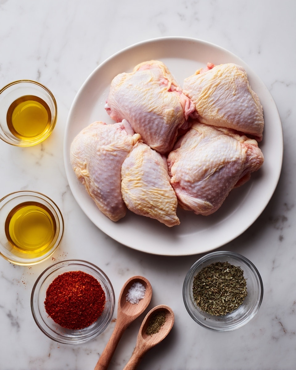 A white plate holds four raw chicken pieces with pale pink and light yellowish skin, slightly overlapping each other. To the right of the plate, there are two small glass bowls containing yellow oil and red paprika powder, a third glass bowl with green dried herbs, and a fourth with salt and black pepper. Two wooden measuring spoons with light brown powder sit between the bowls and the plate. All items rest on a white marbled surface. Photo taken with an iphone --ar 4:5 --v 7
