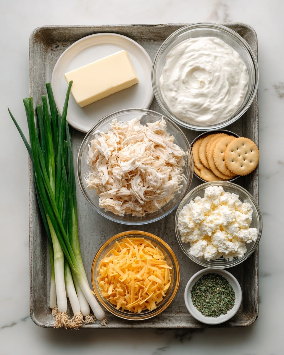 The image shows a metal tray with several clear glass bowls and some ingredients arranged neatly on a white marbled surface. From left to right, three green onions lie vertically on the tray near a small white plate holding a solid block of cream cheese. Above it is a small container with a pat of butter. In the center is a large bowl filled with shredded chicken, pale beige in color. Above that is a bowl of thick white sour cream to the left and a bowl of chunky cottage cheese to the right. Below and to the right of the chicken bowl is a small empty can labeled cream of chicken. Next to that is a bowl filled with round golden crackers. Below the crackers is a bowl of shredded orange cheddar cheese. To its right is a small bowl with finely ground green herb and garlic seasoning. The clean arrangement of these items on a rustic metal tray creates a clear, simple presentation. photo taken with an iphone --ar 4:5 --v 7